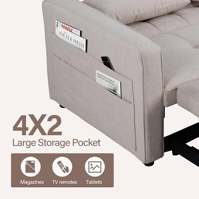 HAOMARKETS 3 in 1 Convertible Sleeper Sofa Bed, Loveseat Chaise Lounge with Pullout Bed, 2-Seater Futon Couches with Storage Pockets, 3-Level Adjustable Backrest and Pillows for Living Room, White