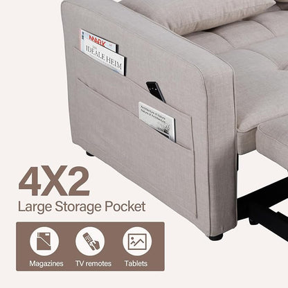HAOMARKETS 3 in 1 Convertible Sleeper Sofa Bed, Loveseat Chaise Lounge with Pullout Bed, 2-Seater Futon Couches with Storage Pockets, 3-Level Adjustable Backrest and Pillows for Living Room, White