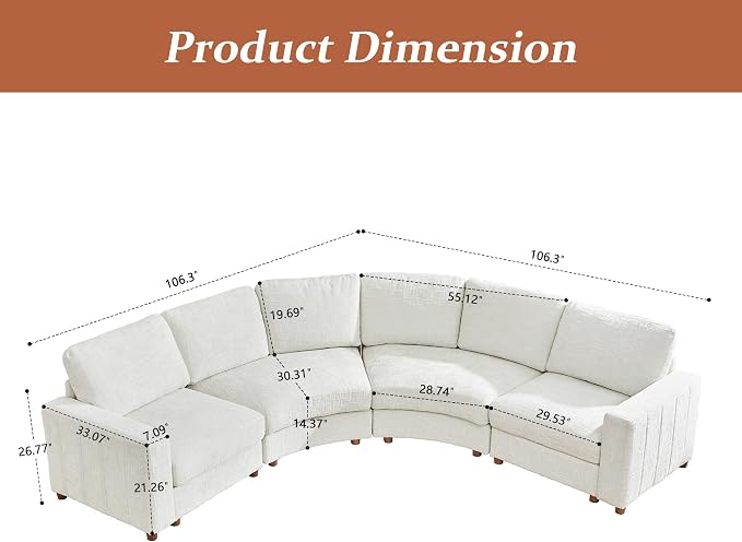 ORRD Curved Sectional Sofa, Convertible L Shaped Couch with Deep Seat, Boucle Modular Sectional Sofa with Pillows, Curved Chenille Comfy Corner 4 Seat Couch for Living Room, White