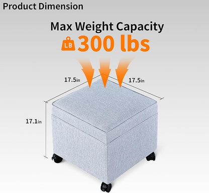 Adeco 17.5 inch Square Storage Ottoman with Wheels & Flip Top Lid, Upholstered Linen Foot Rest Stool, Small Coffee Table for Living Room & Bedroom, Ice Blue