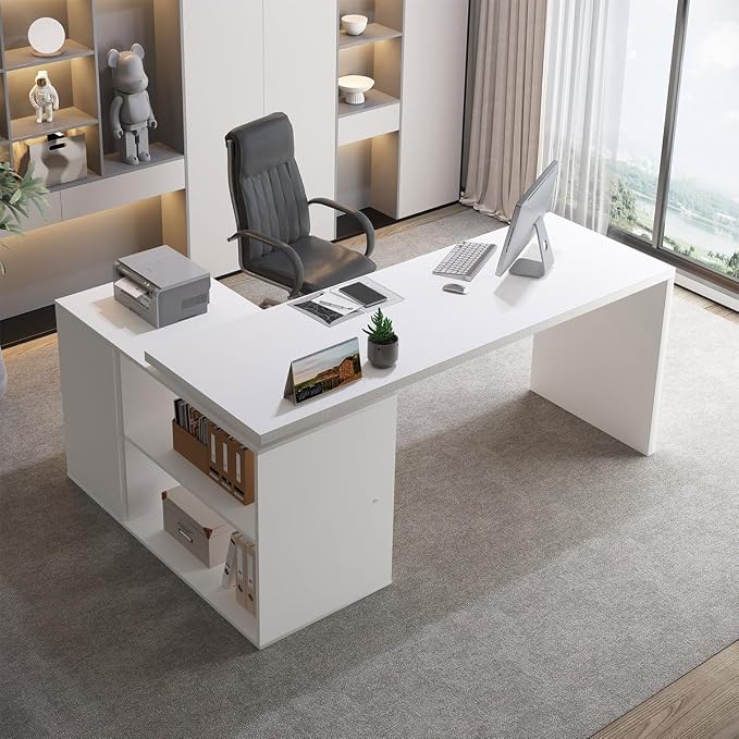 HSH White L Shaped Desk with Drawers Shelves, Corner Home Office Desk L Shape with Storage Cabinet, Large Wood Computer Desk for PC Executive Work Writing Study, Modern Living Room Bedroom Table,60 In