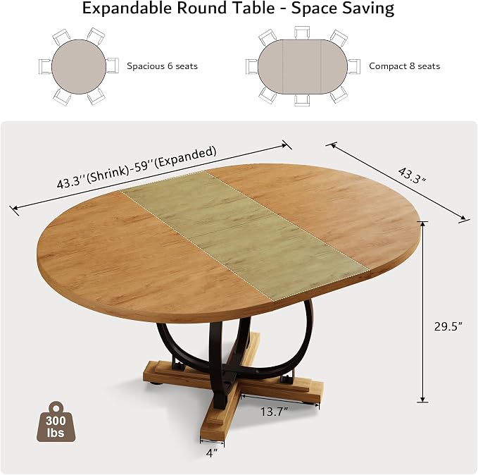 iPormis 59'' Extendable Round Dining Table for 4 to 6, Kitchen Table with Sturdy X-Base Metal Legs, MDF Board with Backboard Clasp, Space Saving, Easy Assembly, Kitchen, Dining Room, Oak