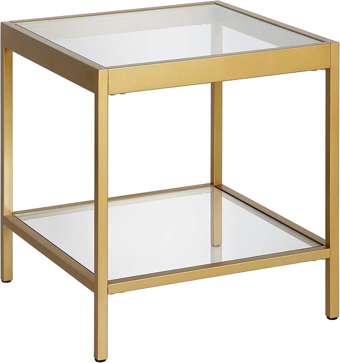 Henn&Hart 20" Wide Square Square Side Table in Brass, Table for Living Room, Bedroom | Two-tiered glass shelves with a metal frame, offering open display space for living rooms, offices, or bedrooms