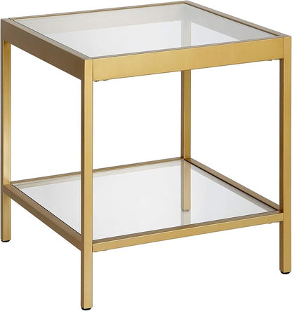 Henn&Hart 20" Wide Square Square Side Table in Brass, Table for Living Room, Bedroom | Two-tiered glass shelves with a metal frame, offering open display space for living rooms, offices, or bedrooms