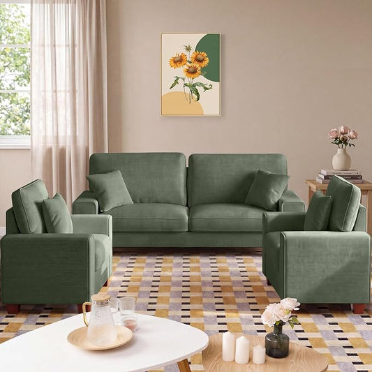 DOPEDIO Modern Living Room Sofa Set, 88.58" Chenille Loveseat with 2 Accent Chairs, Removable Covers, Spring Cushions, Solid Wood Frame, Easy Assembly（88.58inch+2 Single,Green）