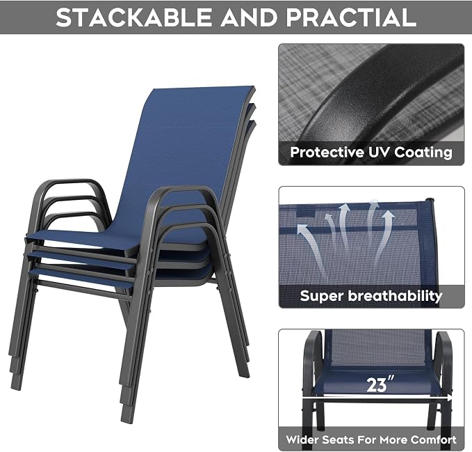 Outdoor Dining Set for 4,5pcs Patio Table and Chairs Set with Adjustable Umbrella Hole,37.8”x37.8” Square Metal Outdoor Table and Stackable Patio Chair for Yard, Garden, Porch
