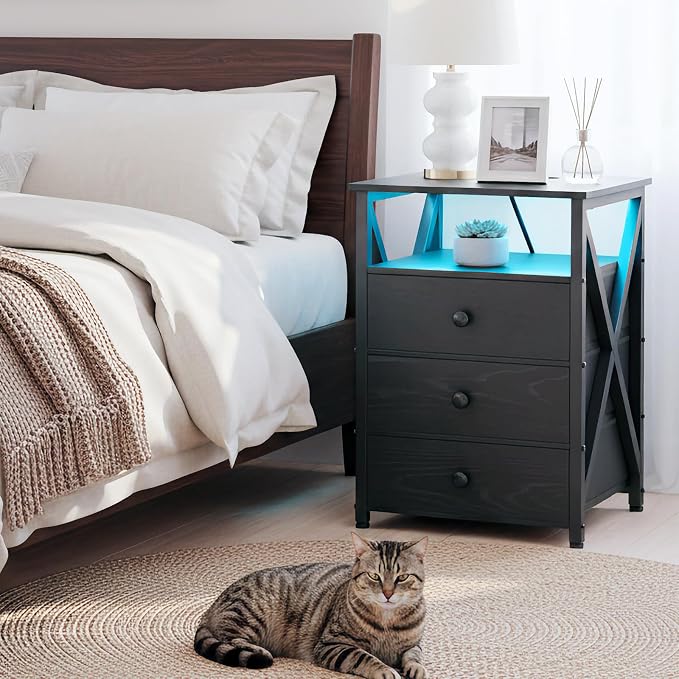 AMHANCIBLE Nightstands Set of 2, LED Night Stand with Charging Station, End Side Tables with USB Port & Outlet, Bedside Table with Fabric Drawers for Bedroom, Black, HET053LBK