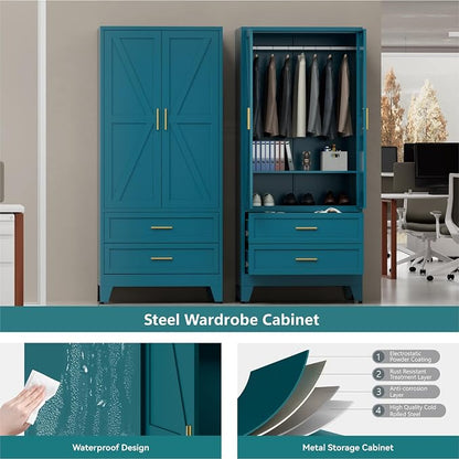 Blue Metal Wardrobe Closet, Armoire Wardrobe with Two Drawers Clothes Cabinet for Bedroom, 71" Tall Farmhouse Steel Armoire Closet with Drawers and 2 Doors Clothing Storage Cabinet with Hanging Rod