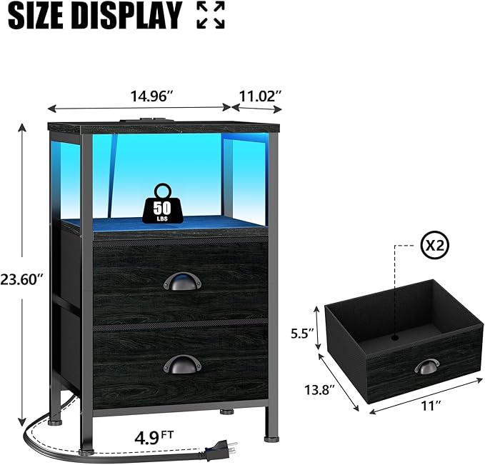 Furologee Nightstands with Charging Station, End Table with LED Lights, Black Night Stands with 2 Fabric Drawers, Bedside Tables with Shelves for Living Room/Bedroom,Black Oak