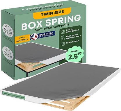 Greaton, 2.5” Twin Box Spring Only for Twin Size Bed – Amish-Made in the USA – Solid Wood Mattress Foundation with Stable & Quiet Support – Flat-Packed & Easy Assembly – White