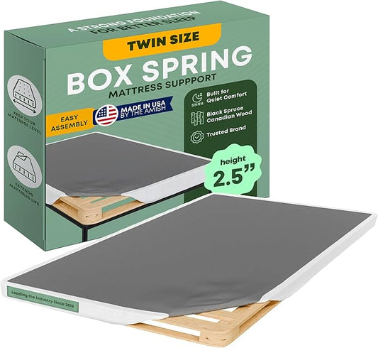 Greaton, 2.5” Twin Box Spring Only for Twin Size Bed – Amish-Made in the USA – Solid Wood Mattress Foundation with Stable & Quiet Support – Flat-Packed & Easy Assembly – White