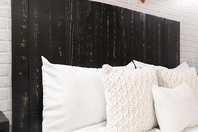 Barn Walls Black Headboard, Rustic Design Weathered, Solid Wood Headboard, Floating Panels, Wall Mount, Adjustable Height, Easy Assembly, King Size