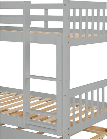 Merax Twin-Over-Twin Bunk Bed with Movable Trundle, Solid Wood Detachable Bunk Bed with Safety Guardrial and Ladder, Can be Converted Into 3 Separate Beds,Grey
