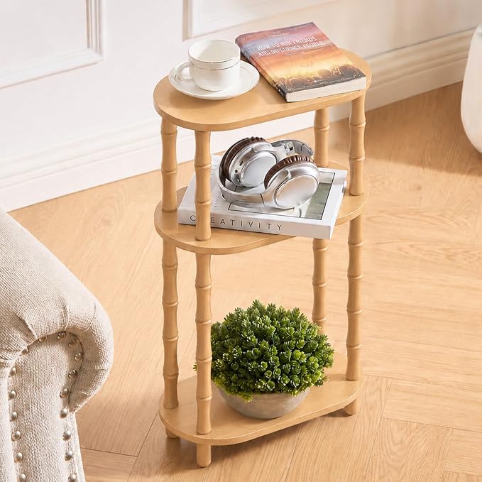 Narrow Side Table with Storage, 3-Tier End Table Skinny Nightstand for Bedroom, Living Room Small Space, Natural
