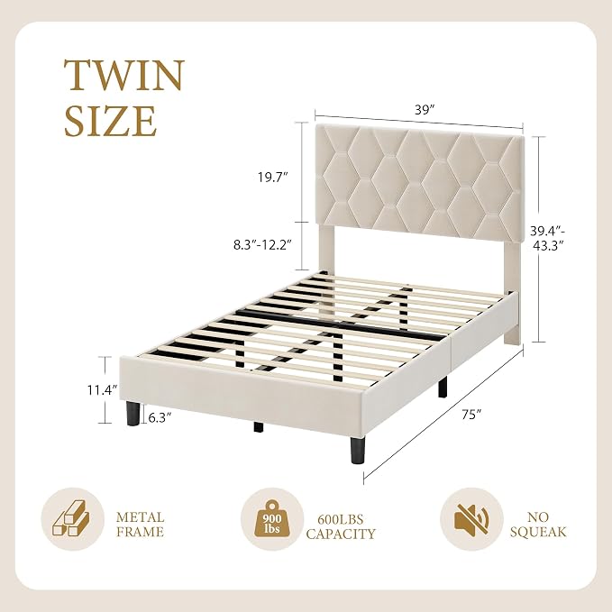 GarveeHome Twin Size Platform Bed Frame with Upholstered Headboard and Wooden Slats Support, Upholstered Mattress Foundation/No Box Spring Needed/Easy Assembly, Beige