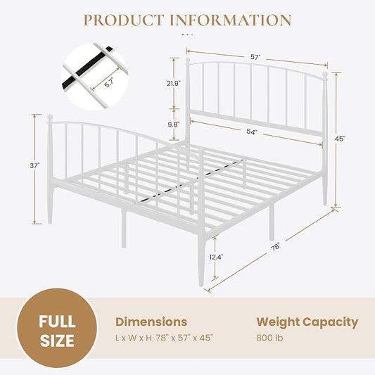 SHA CERLIN Full Size Metal Platform Bed Frame with Victorian Style Iron-Art Headboard and Footboard, Easy Assembly, No Box Spring Needed, White