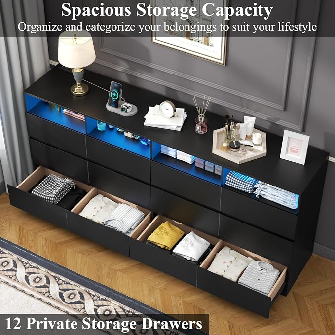 Gyfimoie 63" Wide 6-Drawer Black Dresser with Divided Compartments, Charging Station & LED Lights, TV Stand for TVs up to 75", Large Organizer with 4 Open Cubbies