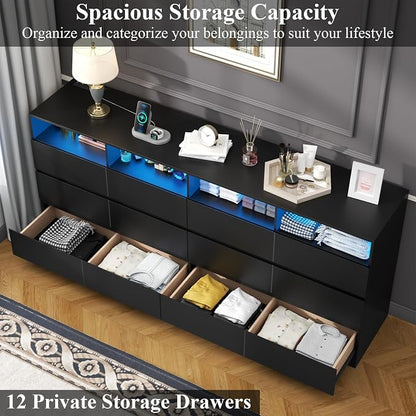 Gyfimoie 63" Wide 6-Drawer Black Dresser with Divided Compartments, Charging Station & LED Lights, TV Stand for TVs up to 75", Large Organizer with 4 Open Cubbies