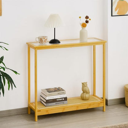 Bamboo Narrow Console Table, 31.5"(L) Wood Small Entryway Table with Rattan and Glass, Accent Slim Hallway Tables, Thin Sofa Side Tables for Hallway, Living Room, Foyer, Burlywood