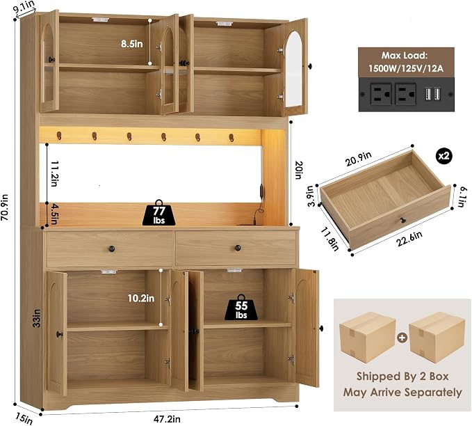 HIFIT 71" LED Kitchen Pantry Cabinet with Power Outlet, Large Kitchen Hutch Storage Cabinet with Arched Door & Shelves & 2 Drawers, Tall Modern Coffee Bar w/Hutch for Home Dining Living Room, Natural
