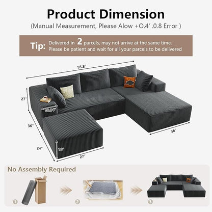 95" Cloud Sectional Couch U-Shaped Chaise with Ottoman, Corduroy Boneless Couch for Living Room Bedroom, Deep-Seat Upholstered Modular Cloud Sofa, No Assembly Required (Grey, Right Facing Chaise)