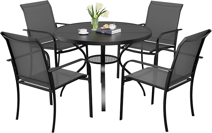 SUNCROWN 5 - Piece Outdoor Dining Set, Patio Furniture Set with 4 x Textilene Dinning Chairs and 41" Metal Round Table with Umbrella Hole for Lawn Garden Backyard Deck, Grey