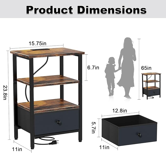 Side Table with Charging Station, Nightstand with Adjustable Fabric Drawer, Bedside Table for Bedrooms, Living Rooms & Home Decor (Brown Black)