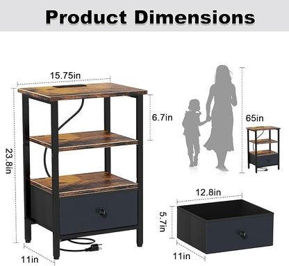 Side Table with Charging Station, Nightstand with Adjustable Fabric Drawer, Bedside Table for Bedrooms, Living Rooms & Home Decor (Brown Black)