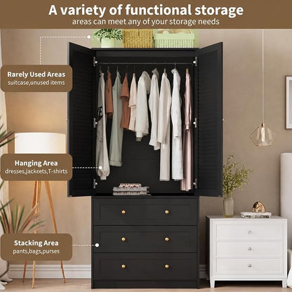 GarveeHome Armoire Wardrobe Closet with 3 Drawers, 69.5" Wooden Wardrobe Cabinet, Hanging Rod, 2 Doors Clothing Storage Cabinet for Bedroom, Large Capacity Storage, Louvered Door, Black