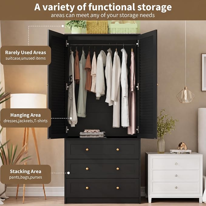 Garvee 70" Wardrobe Armoire Wooden Closet with 2 Doors and 3 Drawers, Bedroom Armoire with Hanging Rod Shelf, Large Capacity Storage Wardrobe Armoire, Freestanding Wooden Closet Storage Cabinet