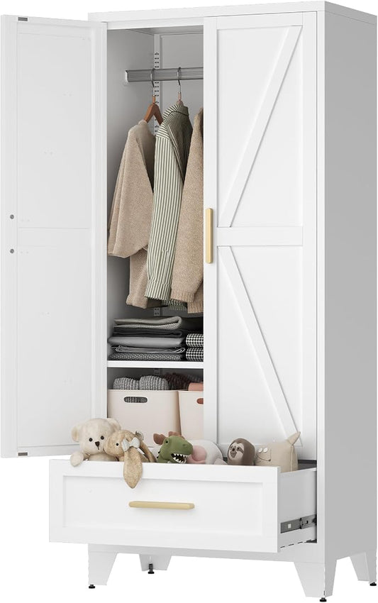 LCAOPC 71" Tall Metal Wardrobe Cabinet with Drawer and Hanging Rod, 2 Doors Armoire Wardrobe Closet with Shelf for Bedroom, Office, Laundry Room, White