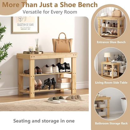 Sweetcrispy 3-Tier Shoe Rack Bench for Entryway, 27 Inches, Wood | Bamboo Shoe Storage Bench, Shoes Rack for Entrance, Bedroom, Living Room, Balcony, 6 Pairs, 286lb Capacity