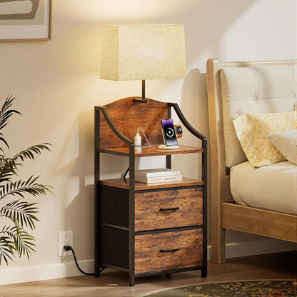 Evermagin 45" Tall Nightstand with Charging Station & Light, Night Stand with 2 Fabric Drawer & Storage Shelf, Bedside Table End Table with USB Ports and Outlets for Bedroom, Dorm, Rustic Brown