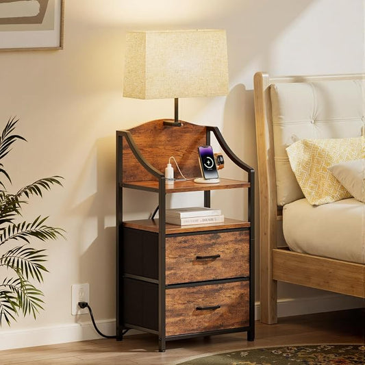 Evermagin 45" Tall Nightstand with Charging Station & Light, Night Stand with 2 Fabric Drawer & Storage Shelf, Bedside Table End Table with USB Ports and Outlets for Bedroom, Dorm, Rustic Brown