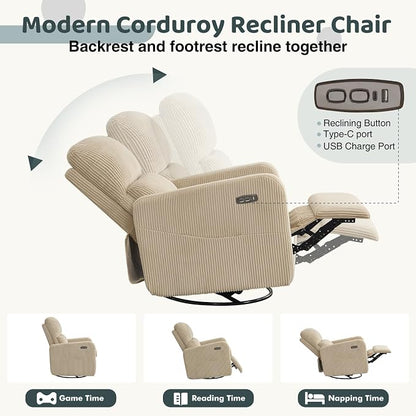 Swivel Rocker Recliner, Oversized Power Recliner Nursery Glider with Removable Cushion, Upholstered Corduroy Swivel Reclining Chairs for Nursery Living Room Bedroom, Camel