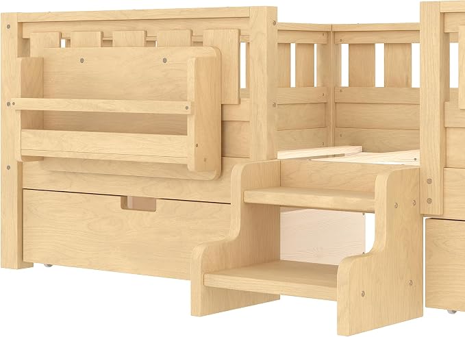 Bellemave Queen Bed with Storage Drawers & Bookshelf, Low Profile Kids Bed Frame with Staircase & Full Length Guardrails, Solid Wood Queen Bed for Kids with Slats Load 550LBS, Easy Assembly, Natural
