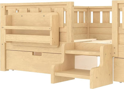 Queen Platform Bed with Drawers and Bookshelves, Kids Platform Bed Frame with Low-profile Stairs and Full-length Guardrails, Queen Bed Frame for Boys, Girls, No Box Spring Needed, Light Nature