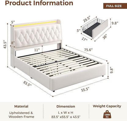 Full LED Velvet Bed Frame with 2 Storage Drawers&Hidden Headboard, Upholstered Platform Bed with Charging Station&Button Tufted Design, Wooden Slats Support, Box Spring Optional, Easy Assembly, Beige