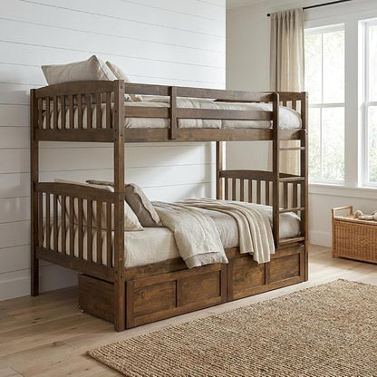 Kodiak Furniture Claire Wood Twin Over Twin Bunk Bed with Storage Drawers in Rustic Walnut Brown Finish - Mattresses Not Included