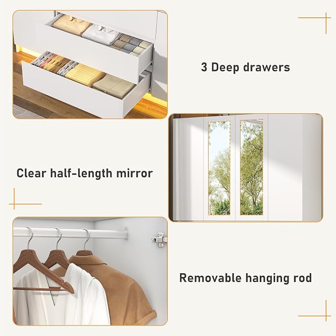 4 Doors Armoire Wooden Wardrobe Closet with 3 Drawers & 2 Mirror, 75"H Clothing Storage Cabinet with Hanging Rod,Modern Bedroom Large Freestanding Armoires with Led Lights for Bedroom, White