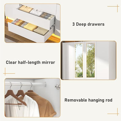 4 Doors Armoire Wooden Wardrobe Closet with 3 Drawers & 2 Mirror, 75"H Clothing Storage Cabinet with Hanging Rod,Modern Bedroom Large Freestanding Armoires with Led Lights for Bedroom, White
