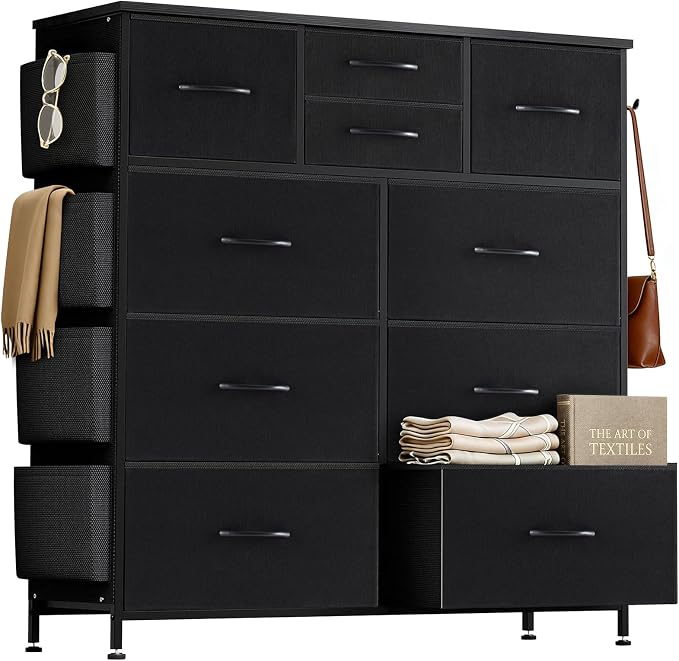 Dresser for Bedroom with Side Pockets and Hooks, 10 Drawers Storage Organizer Chest of Drawers, Sturdy Metal Frame for Living Room, Hallway, Closet, Black
