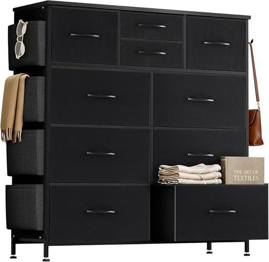 Dresser for Bedroom with Side Pockets and Hooks, 10 Drawers Storage Organizer Chest of Drawers, Sturdy Metal Frame for Living Room, Hallway, Closet, Black