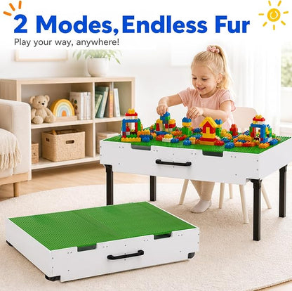Taladad&kydspac 3 in 1 Table with Storage,Wooden Kids Activity Table Compatible with Lego and Building Block,Construction+Train+Chess Toddler Play Table,Wheels for Under Bed or Sofa Storage