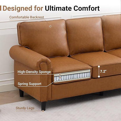 Kingfun Faux Leather 3 Seater Couch, Mid Century Modern Sofa with Rolled Arms and Deep Seats, Fluffy Comfort for Living Room, Apartment, Easy Assembly, Brown