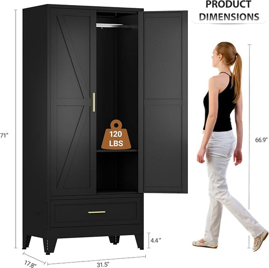 71" Metal Armoire Wardrobe Closet with 1 Drawer, Steel Wardrobe Cabinet with Adjustable Shelves & Hanging Rod and 2 Doors, Black Clothing Storage Cabinet for Bedroom