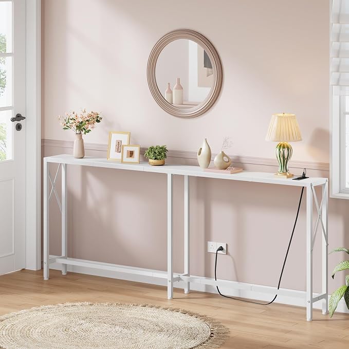 Gewudraw 70 in Skinny Sofa Table Behind Couch, Console Table with Oulets & USB Ports for Hallway, Entryway,Living Room, Bedroom, White | Industrial Style, Long Skinny Design, Hallway & Living Room, Built-In Power Outlets, 172cm Length