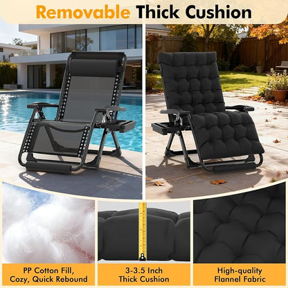 Slendor Oversized Zero Gravity Chairs XXL, 33In Padded Zero Gravity Lounge Chair, Lawn Recliner, Folding Patio Reclining Chair w/Aluminum Alloy Lock, Headrest, Cup Holder, Support 500lbs, Black