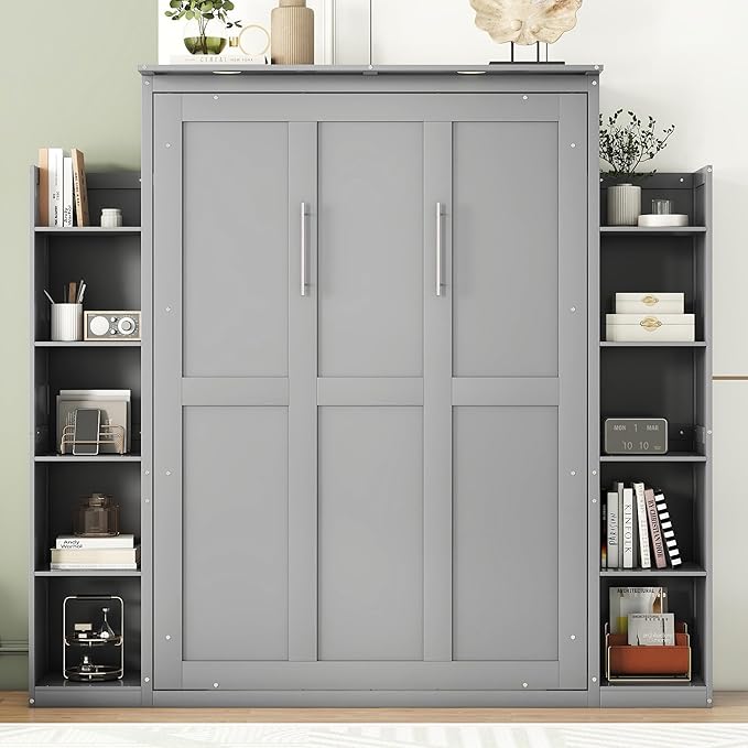 Ball & Cast Full Size Murphy Bed Wall Bed with Shelves and LED Lights,can be Folded,Hideaway Cabinet Bedframe W/ 2 Five-Layer Cabinets,Slat Support,No Box Spring Needed,for Apartment,Bedroom,Gray