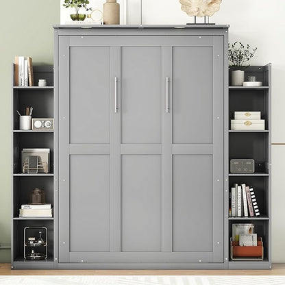 Ball & Cast Full Size Murphy Bed Wall Bed with Shelves and LED Lights,can be Folded,Hideaway Cabinet Bedframe W/ 2 Five-Layer Cabinets,Slat Support,No Box Spring Needed,for Apartment,Bedroom,Gray
